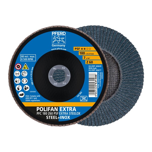 Pferd 7" x 7/8" A.H. POLIFAN Flap Disc - Z PSF EXTRA STEELOX, Zirconia, 60 Grit, Conical 60649 - main